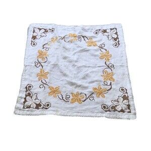 Vtg. Linen Table/Dresser Scarf Embroidered Cross Stitched Flowers White Yellow